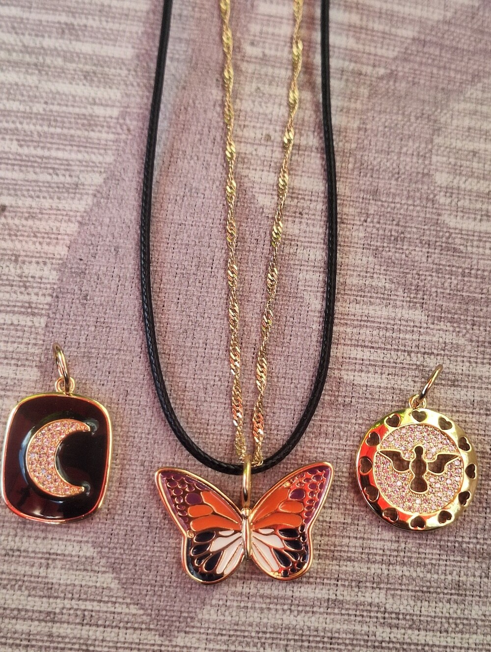 Oak & Ivy Boutique Stainless Gold Tone Necklace & 3 Pendants;Butterfly Bird Moon